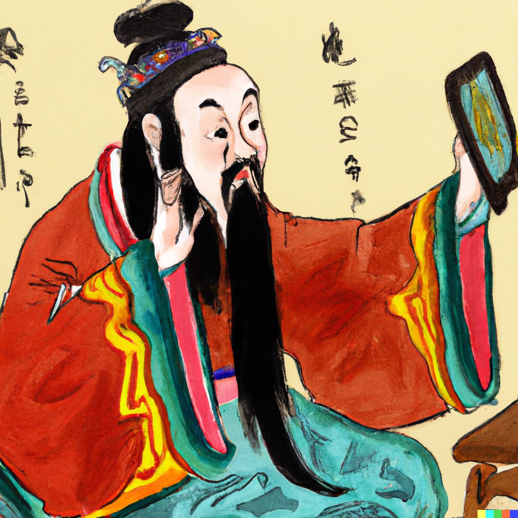 Danqing-style painting of Confucius holding a phone out at arm’s length for a video call.
