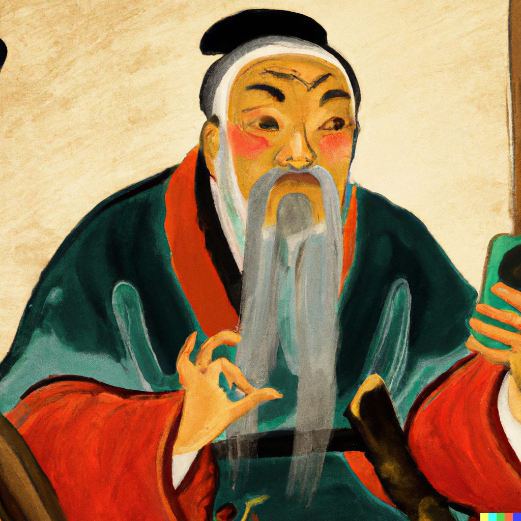 Danqing-style painting of Confucius holding up a smartphone to take a video call.