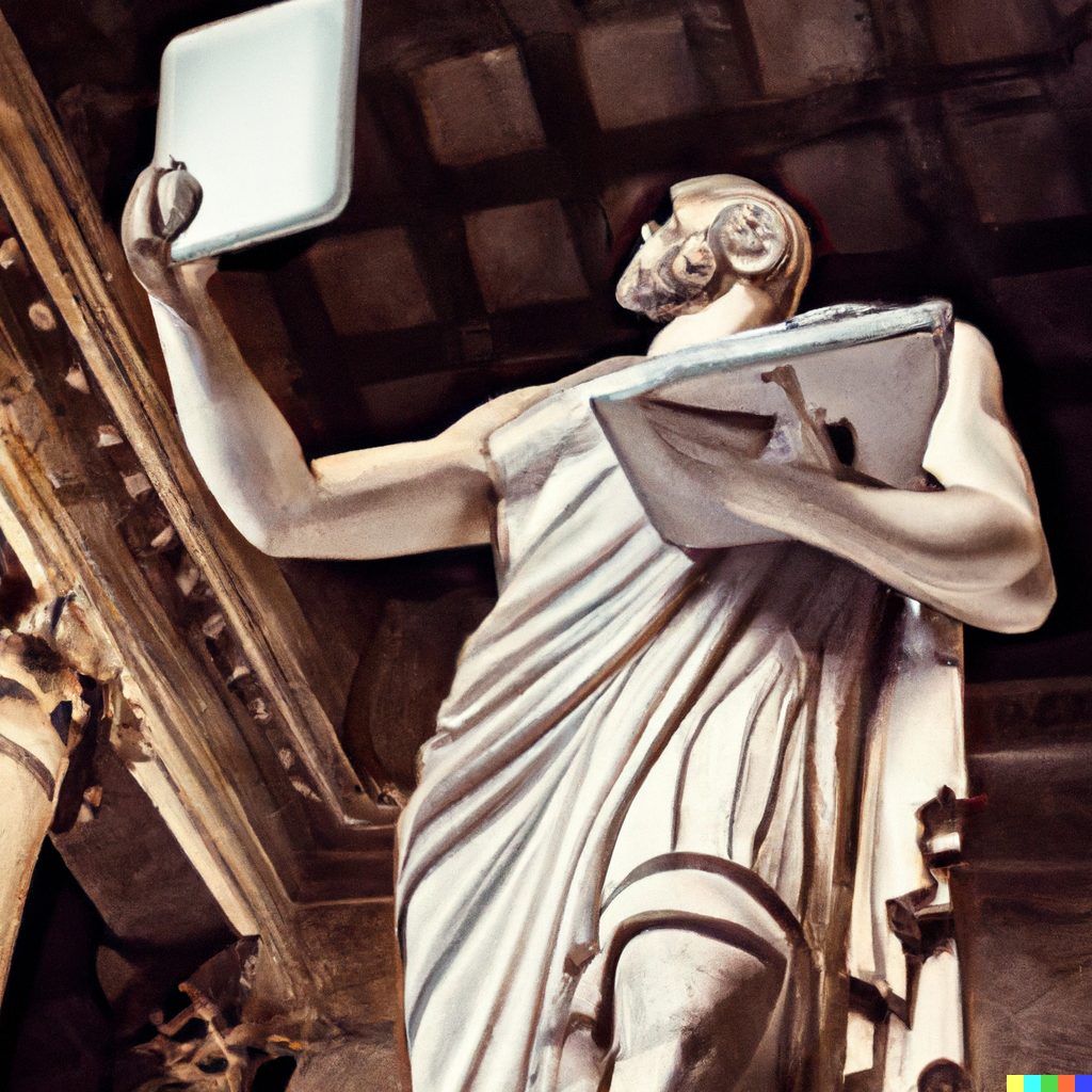 Painting of a classical marble statue holding a tablet computer up in one hand and a laptop under the other arm.