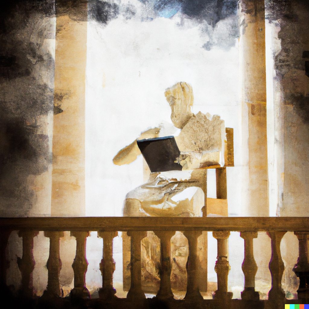 Faded painting of a marble figure seated at a laptop on a colonnaded balcony.