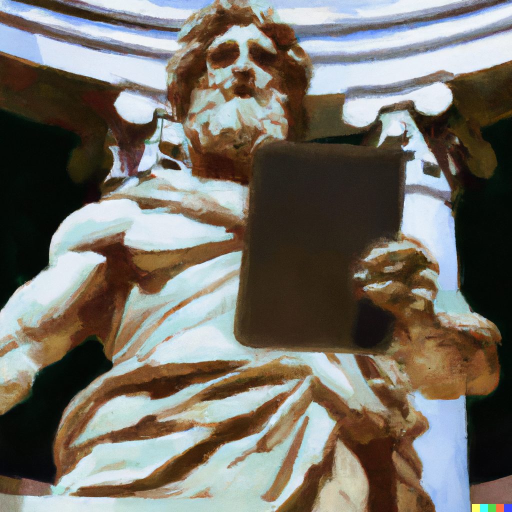 Painting of a colossal seated statue of a bearded philosopher holding an open laptop.
