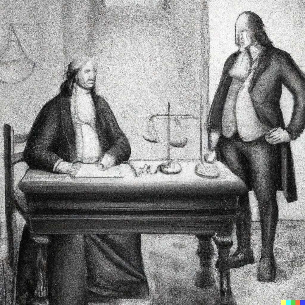 Pencil drawing of two 18th-century figures either side of a desk, a pair of scales on the wall behind them.