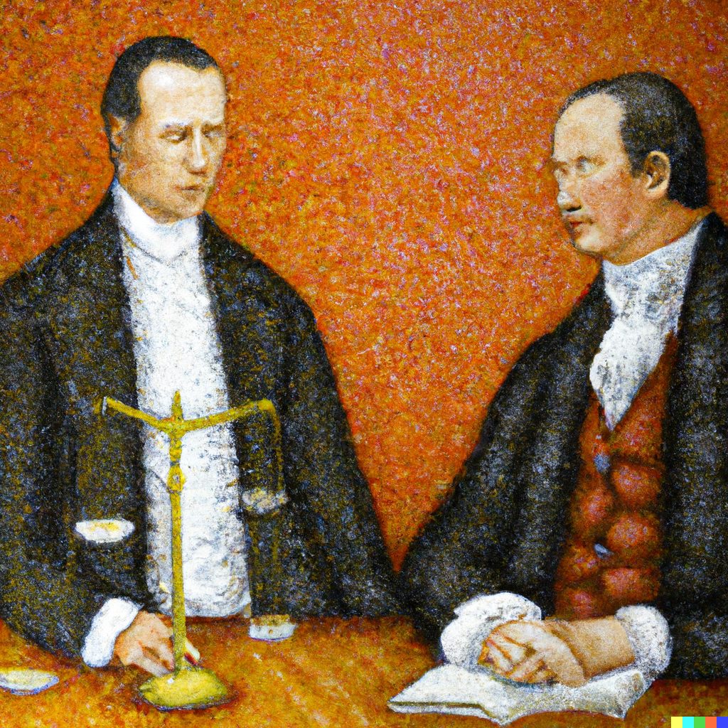Pointillist painting of two Victorian gentlemen in conversation across a table, a small balance scale between them.
