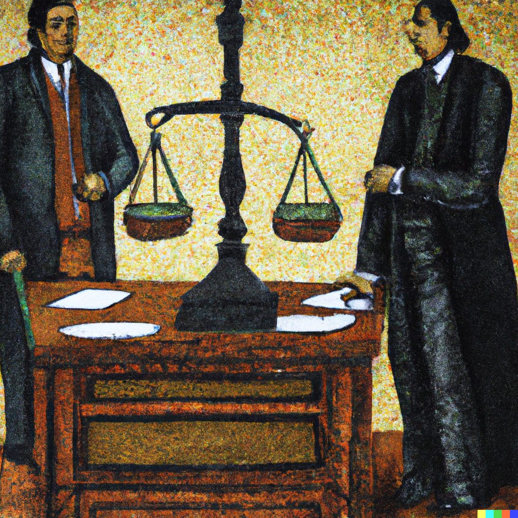 Pointillist painting of two figures standing either side of a large balance scale on a desk.