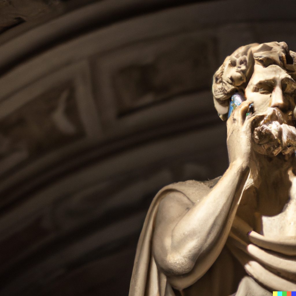 Close-up of a marble statue of a bearded philosopher taking a call on a mobile phone.