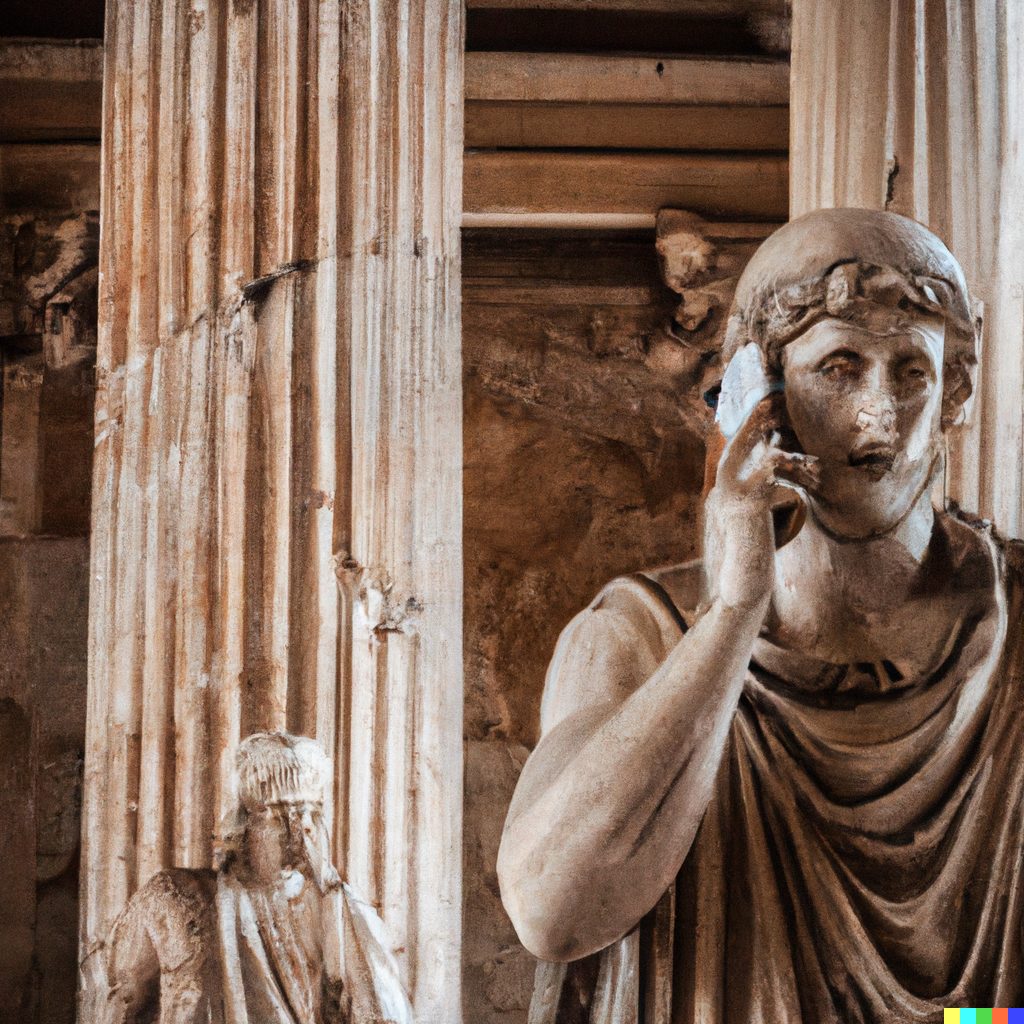 Marble statue of a laurel-crowned Roman figure on a phone call among temple columns.