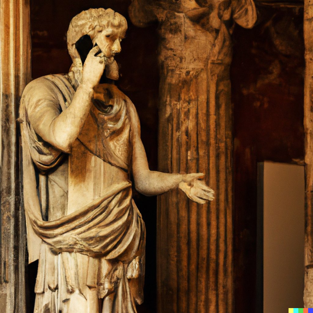Marble statue of a toga-clad Roman figure holding a mobile phone to his ear.