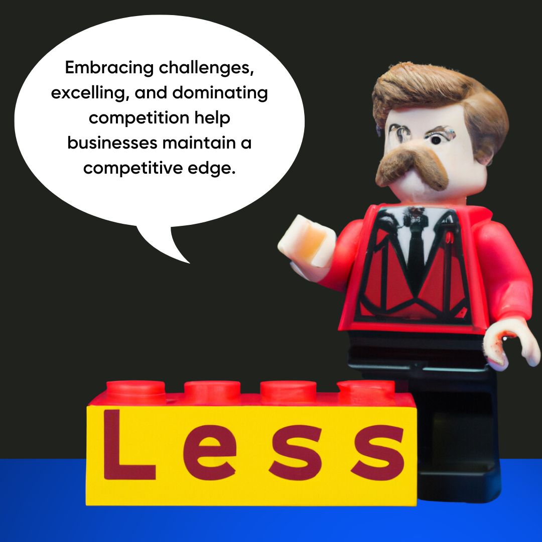 Lego minifigure with a speech bubble reading: Embracing challenges, excelling, and dominating competition help businesses maintain a competitive edge.