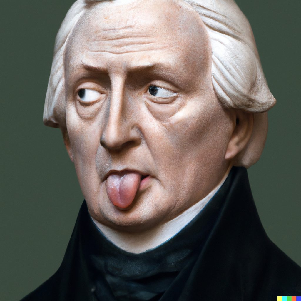 Sculpted bust of Hegel in a high black collar, pulling a face with his tongue out.
