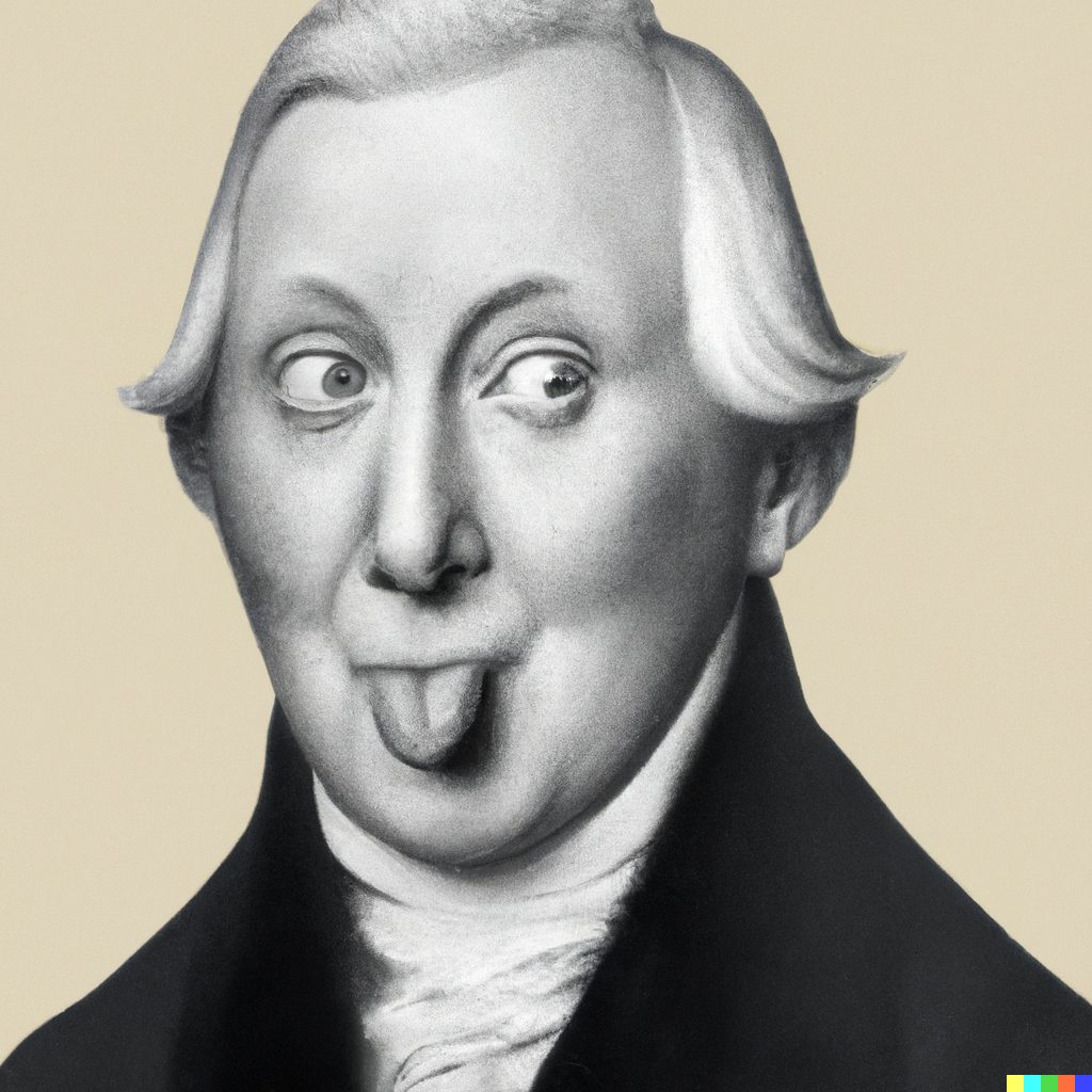 Black-and-white portrait of Hegel pulling a cross-eyed face with his tongue out.