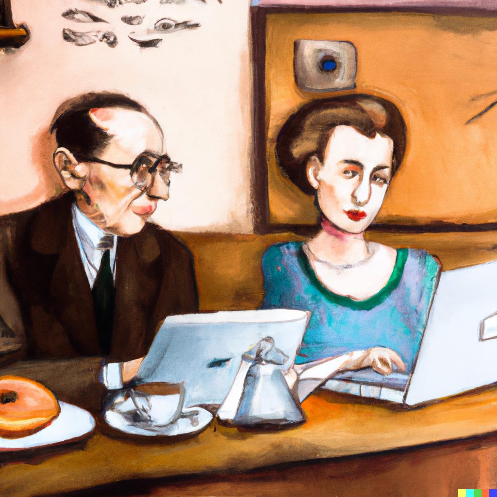 Painting of Sartre and de Beauvoir side by side in a cafe, both at a laptop.