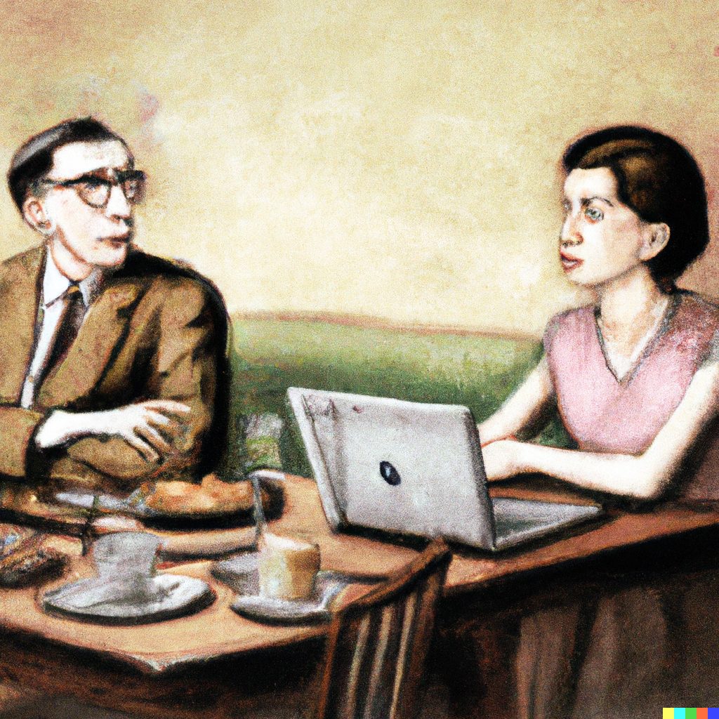 Painting of Sartre and de Beauvoir at a cafe table, an open laptop between them.