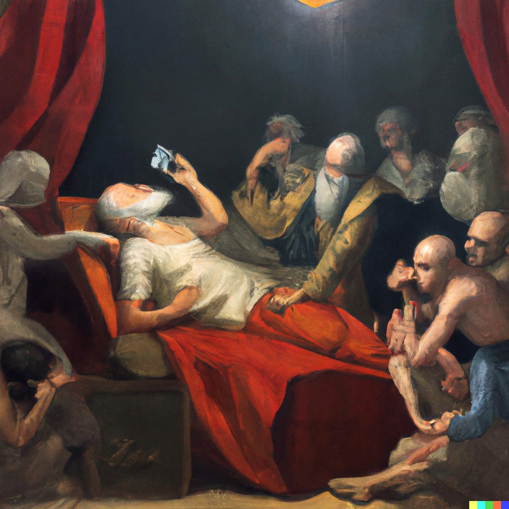Oil painting of Socrates reclining on a couch surrounded by grieving followers.