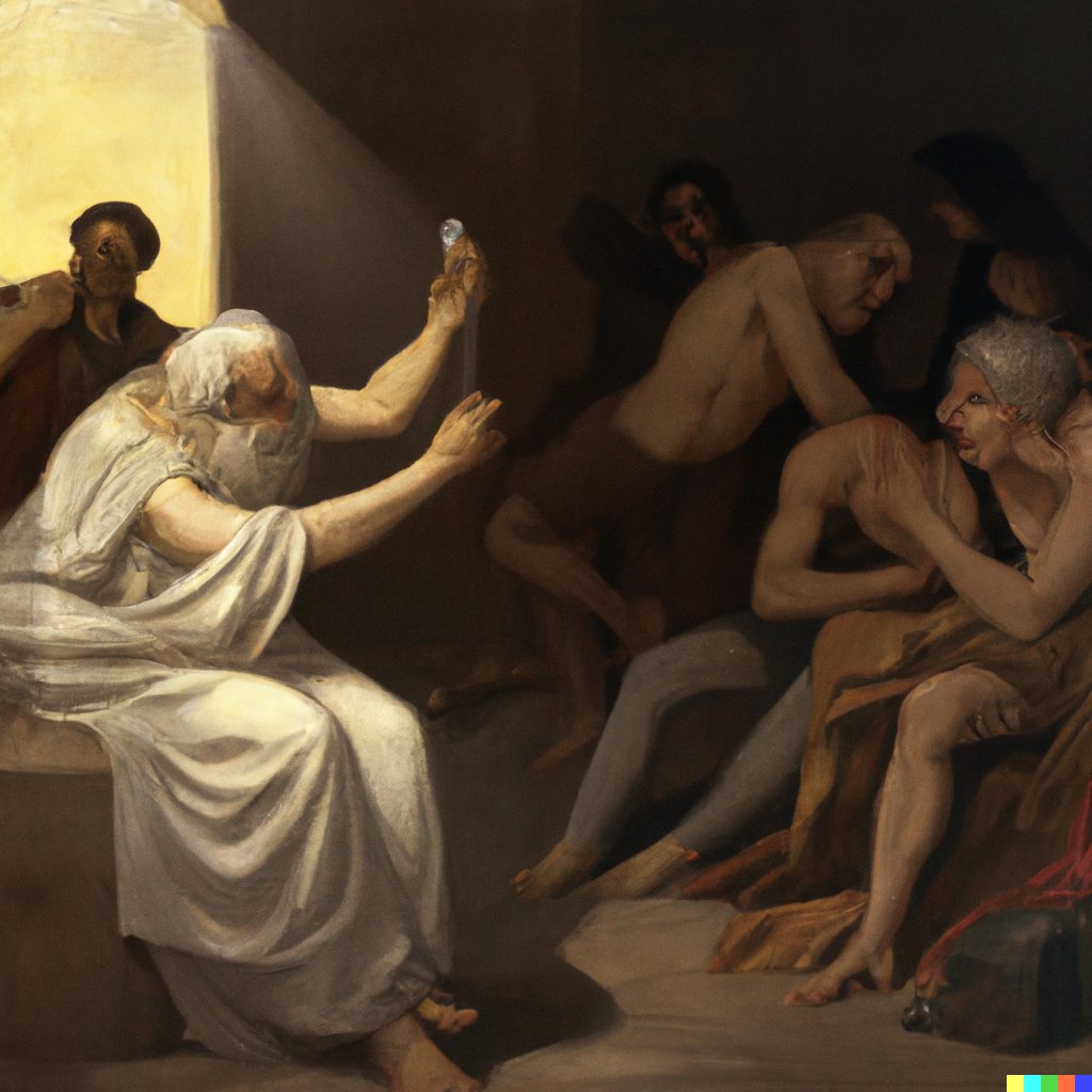 Neoclassical painting of the death of Socrates, his followers gathered around him.