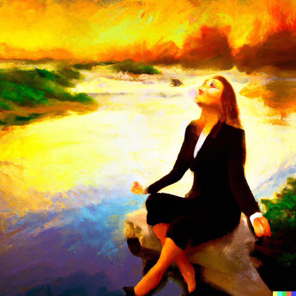 Impressionist painting of a businesswoman meditating cross-legged on a rock beside a river at sunset.