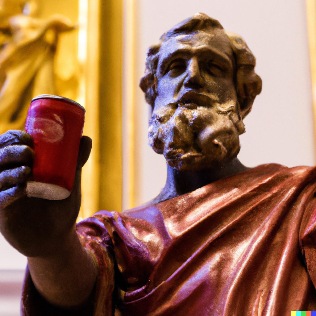 Bronze statue of a bearded classical philosopher raising a red drinks cup in a gilded hall.