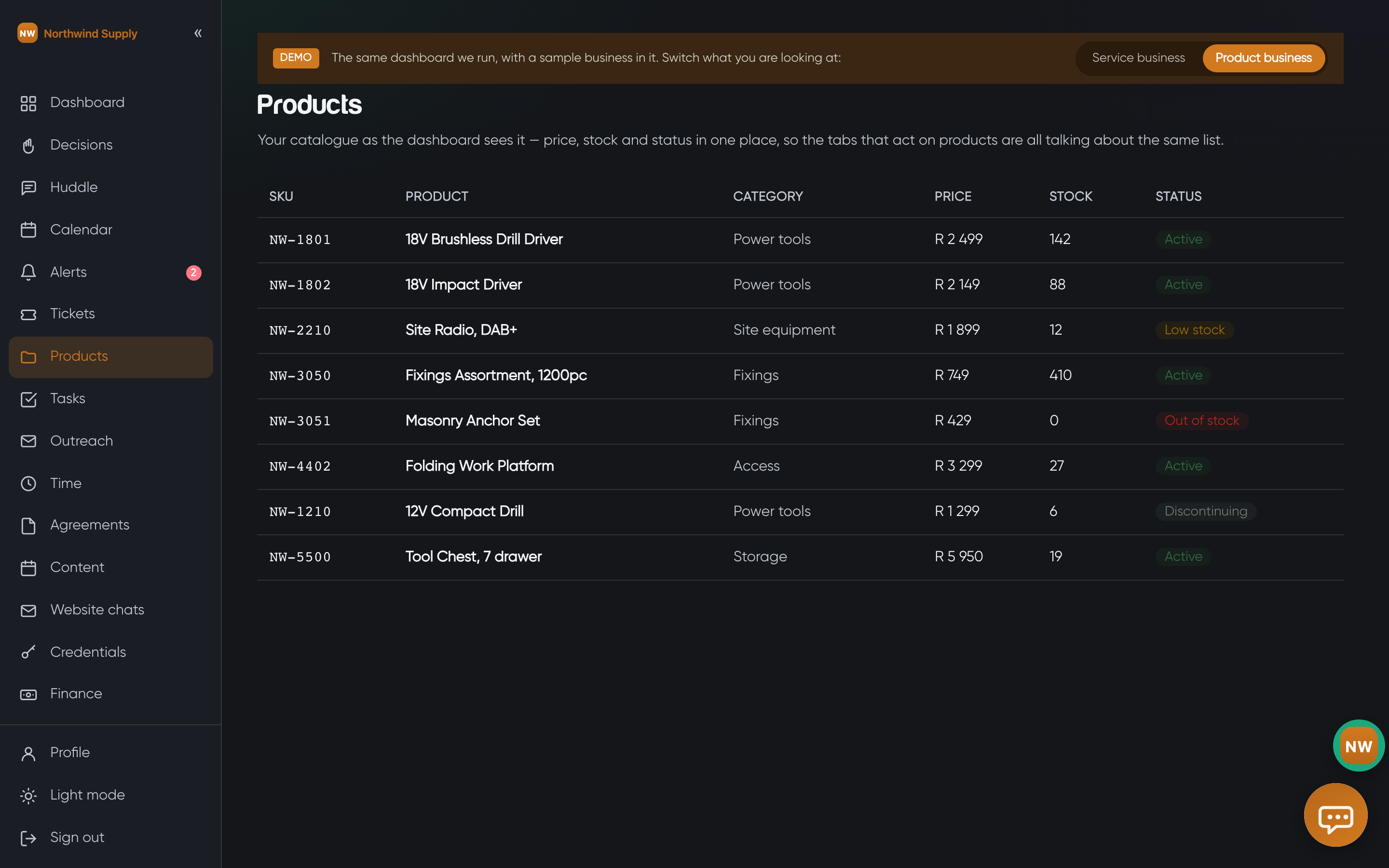 The product catalogue